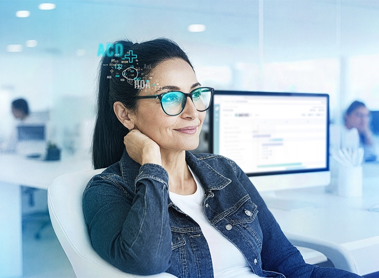 Frau mit Rodenstock Brillengläsern schaut in die Ferne