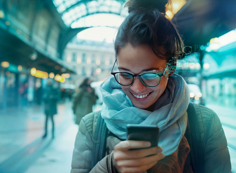 Frau mit Schal und Brille schaut auf ihr Handy und lächelt 