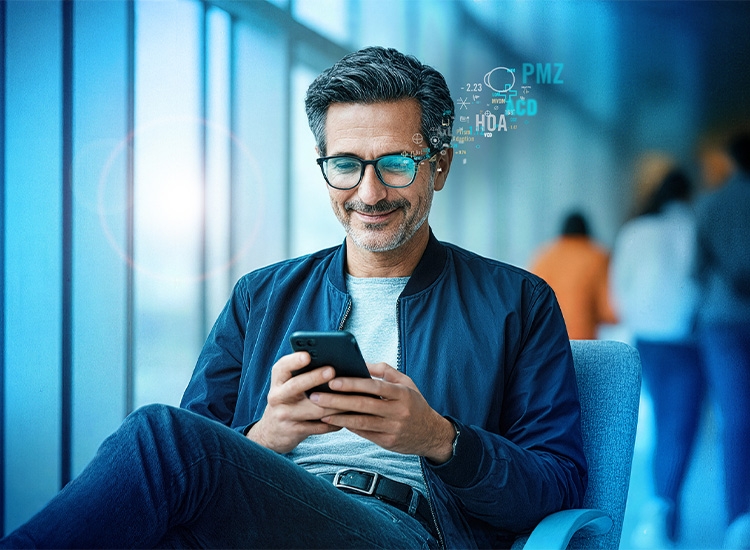 Ein Mann mit Rodenstock-Brillengläsern sitzt an einem öffentlichen Ort und schaut auf sein Handy 