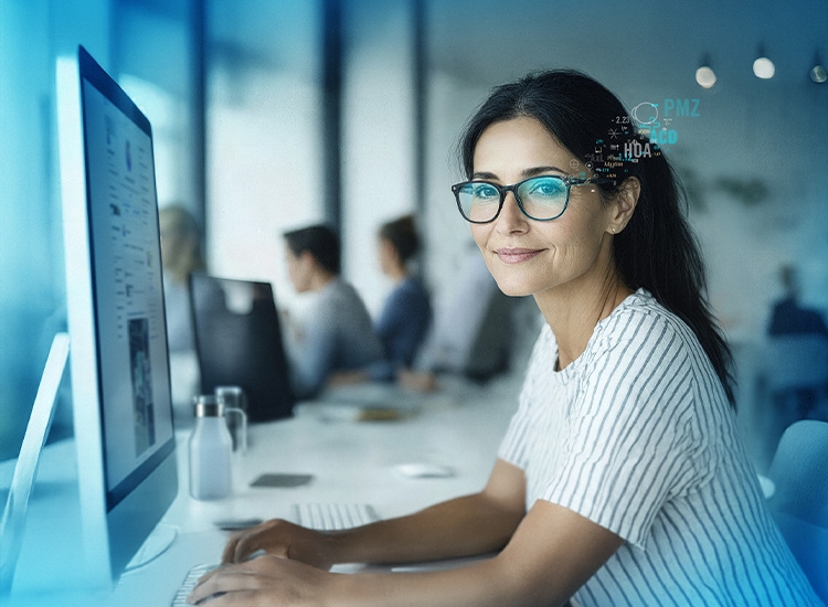 Woman wearing Rodenstock spectacle lenses sitting at a desk at a computer